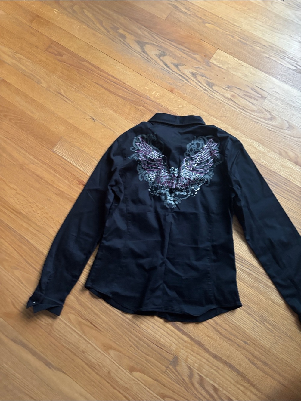 Harley-Davidson Black Button-Down Shirt with Pink and Silver Wing Embroidery